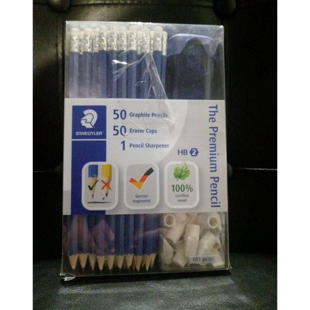 Staedtler 50 Graphite HB2 Pencils + 50 eraser caps and 1 Sharpener  New